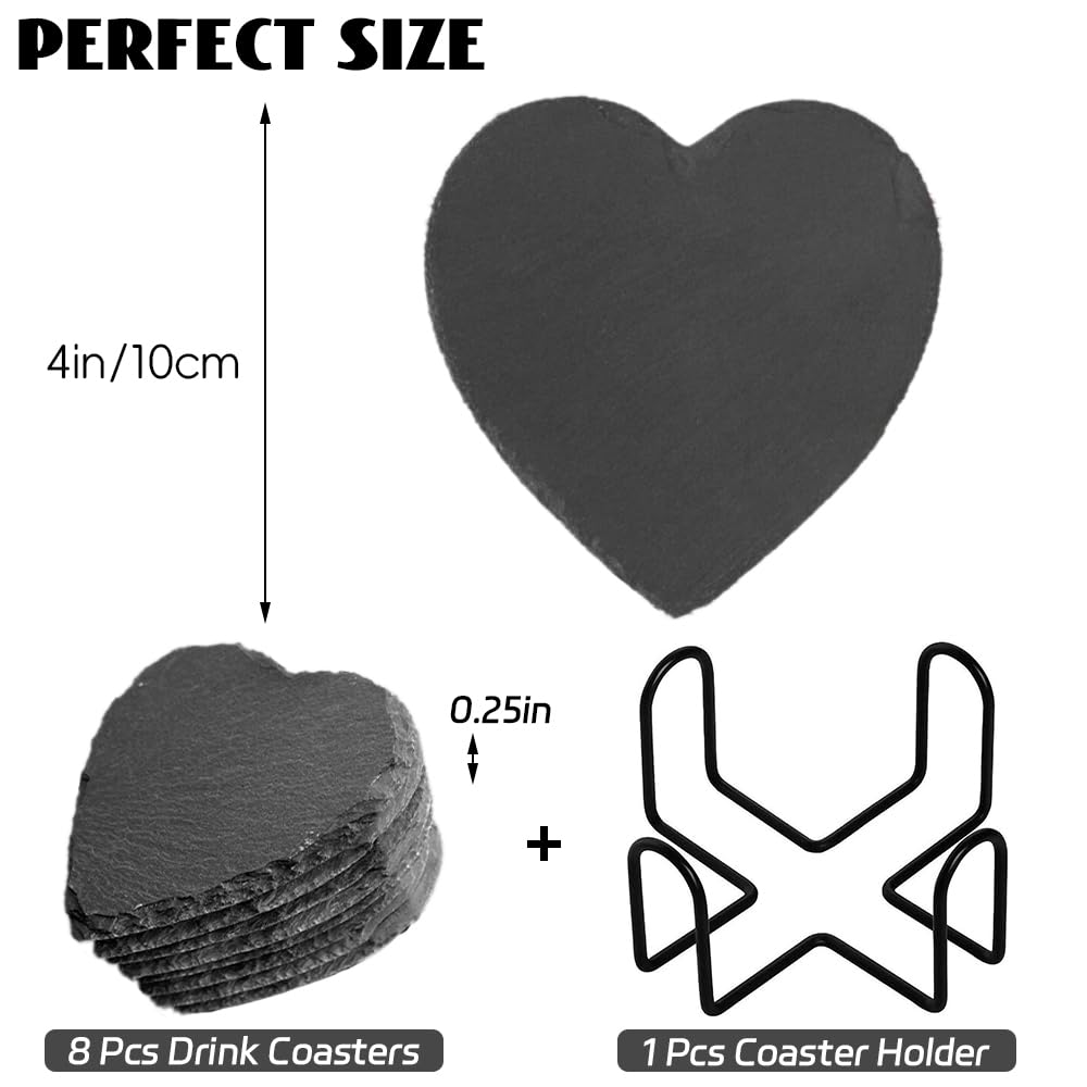 8 Pack Black Slate Coasters with Metal Holder R55550