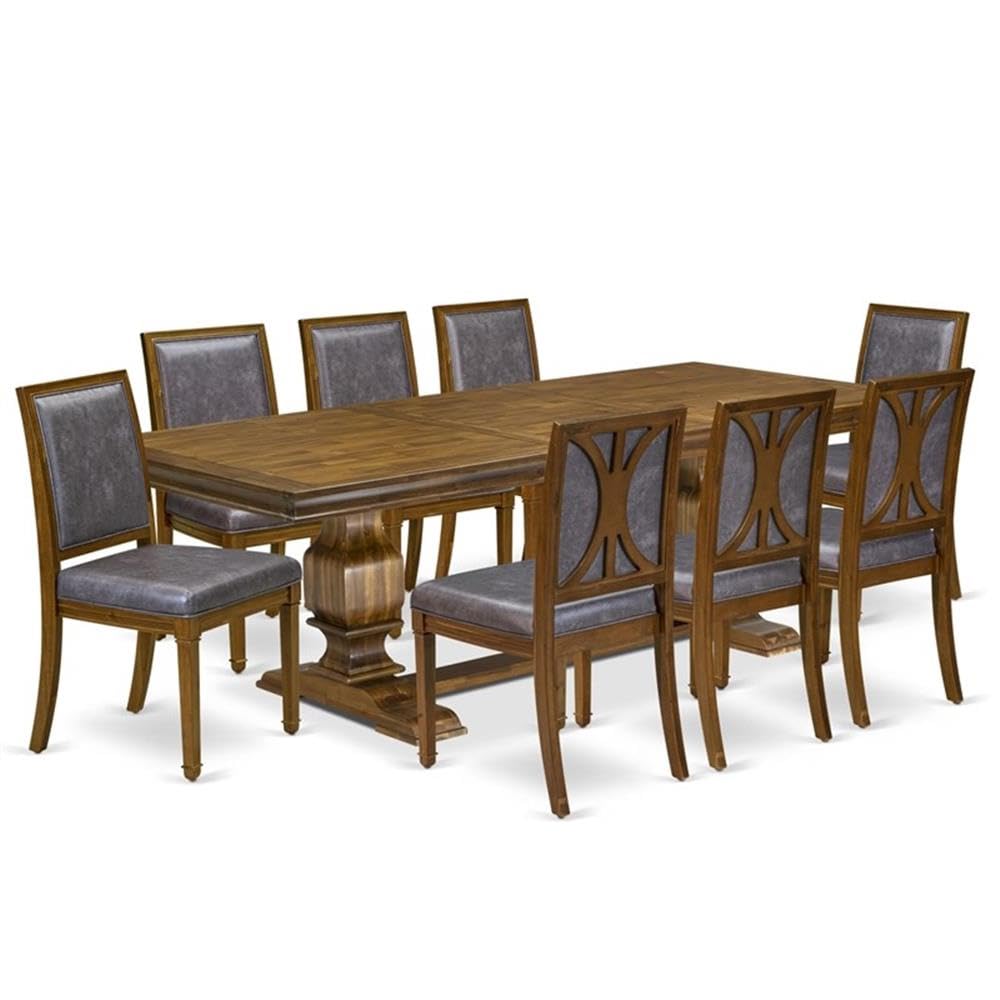 9-Piece Acacia Wood Dining Set with Removable Leaf Table and 8 Dark Grey PU Leather Chairs N761