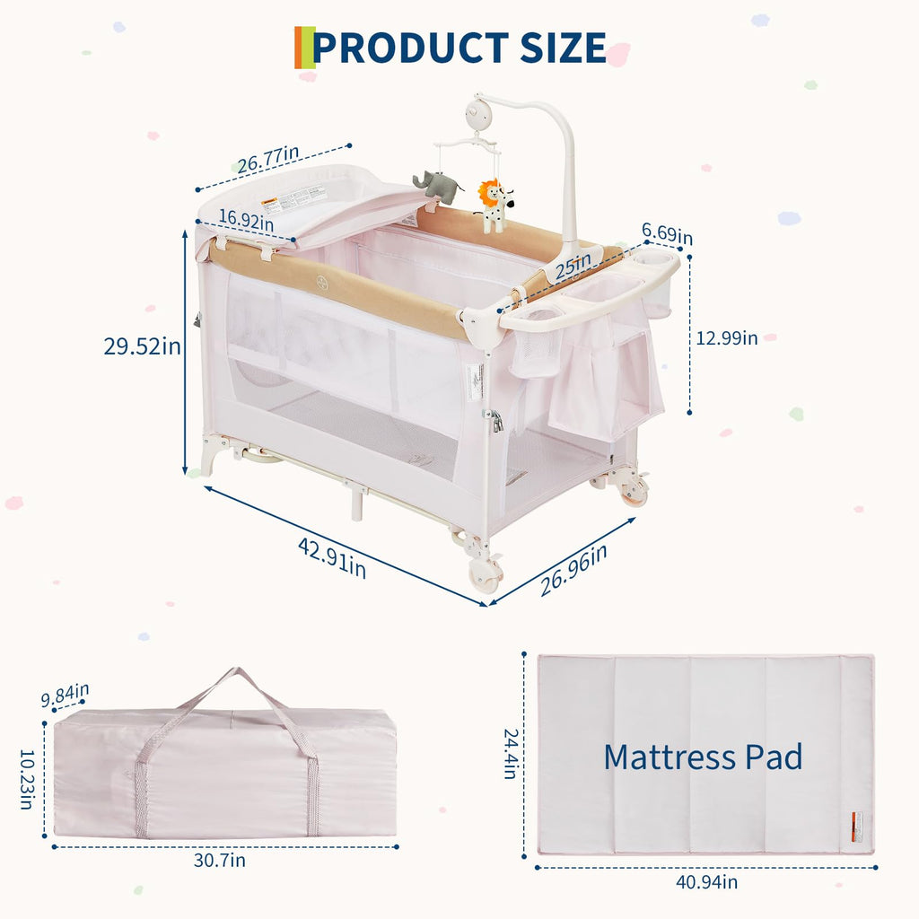 4 in 1 Pack and Play with Bassinet, Changing Table, Playpen and Carry Bag Q307