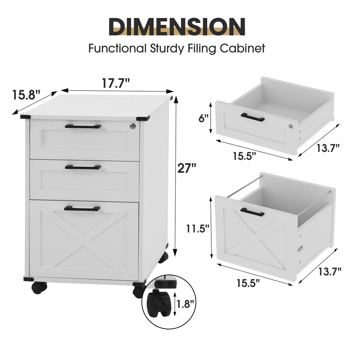 Small Wood File Cabinet with Charging Station and Lock, 3 Drawers L678