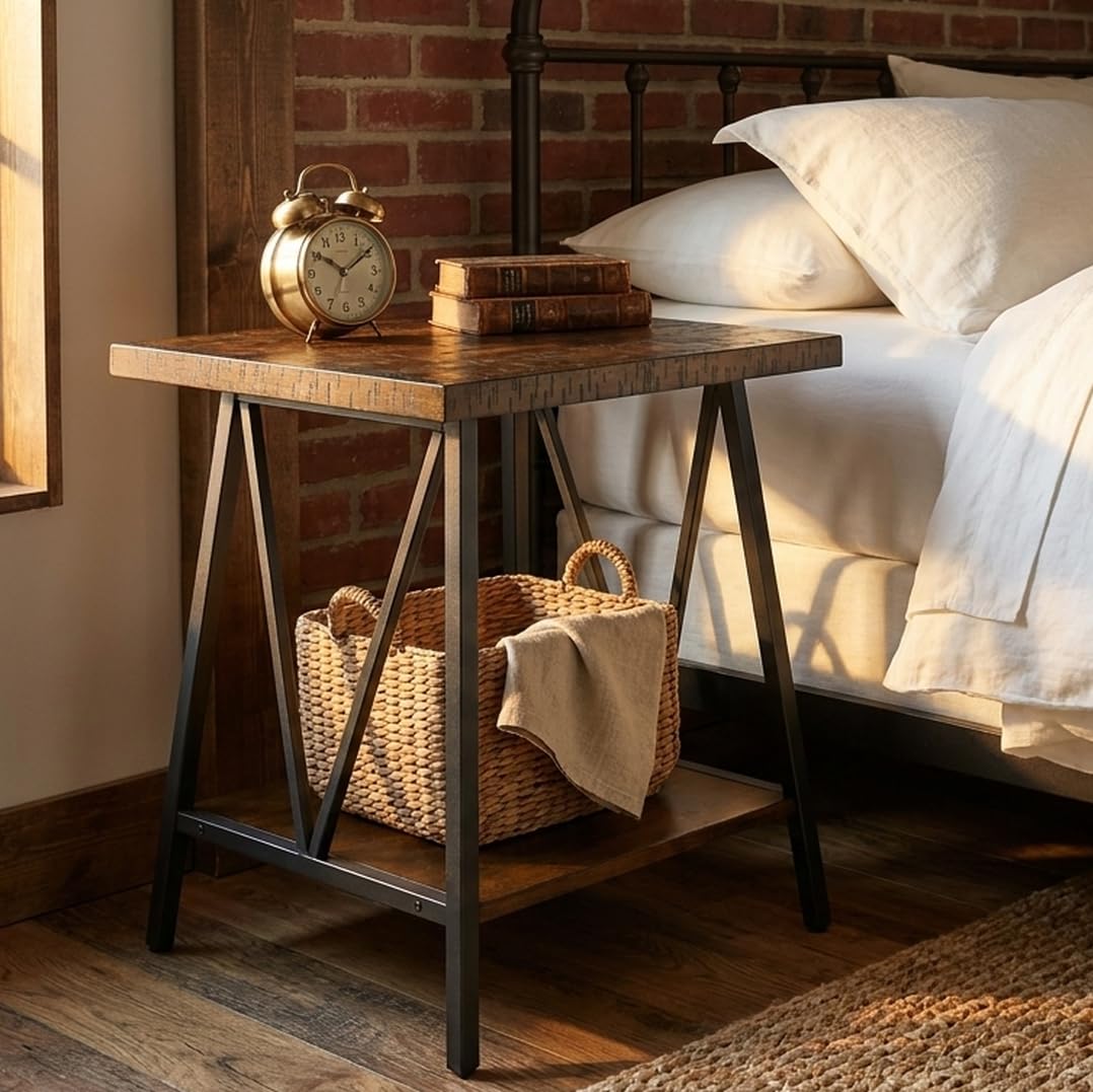 Mid Century Modern End Table with Storage, 2-Tier Open Shelves, Cherry Walnut Q89650