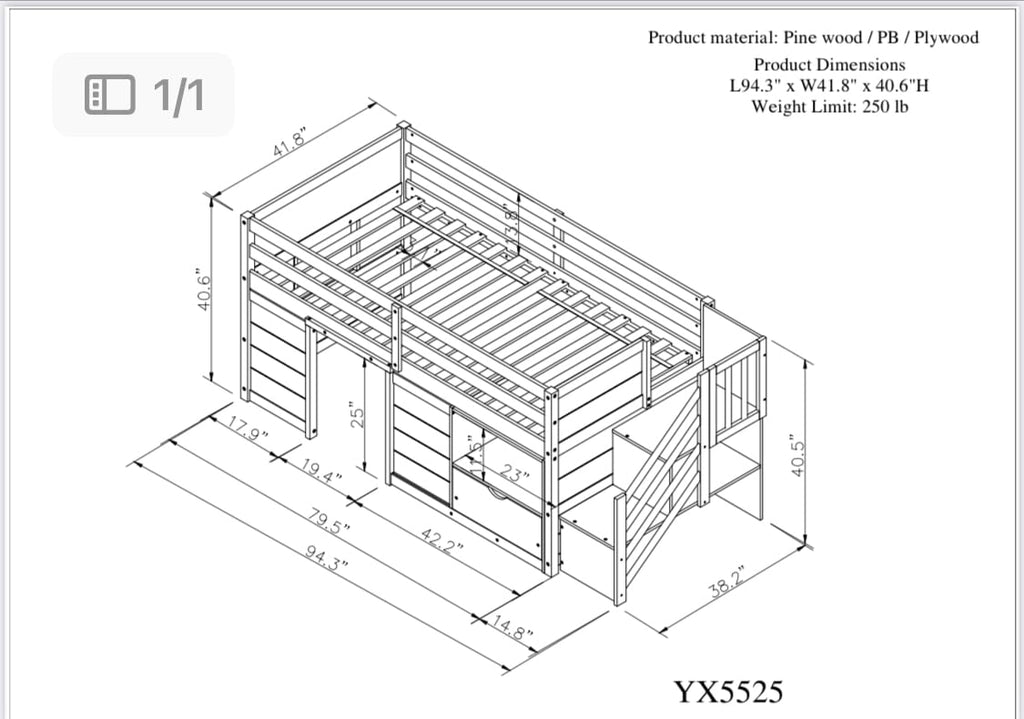 Twin Size Wood Loft Bed with Storage V6335