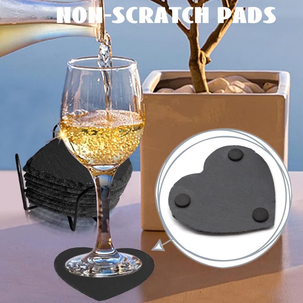 8 Pack Black Slate Coasters with Metal Holder R55550