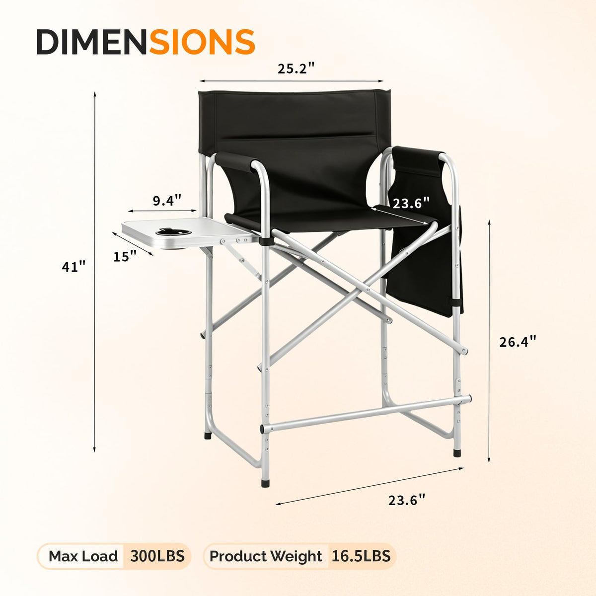 Black Foldable Makeup Chair with Side Table & Footrest X244154