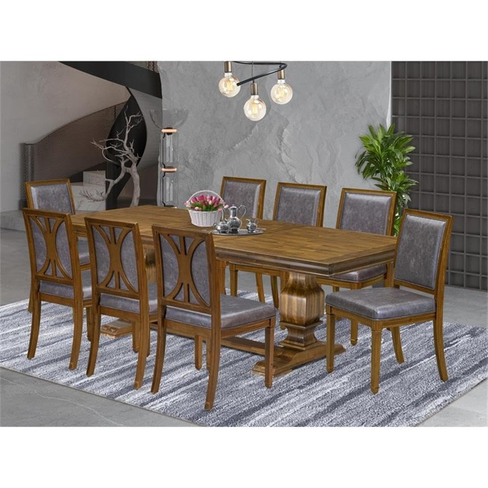 9-Piece Acacia Wood Dining Set with Removable Leaf Table and 8 Dark Grey PU Leather Chairs N761