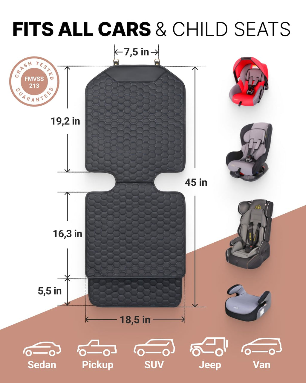 Black-Brown Backless Booster Seat with Latch, Leather Seat Protector & Kick Mat Set F3836