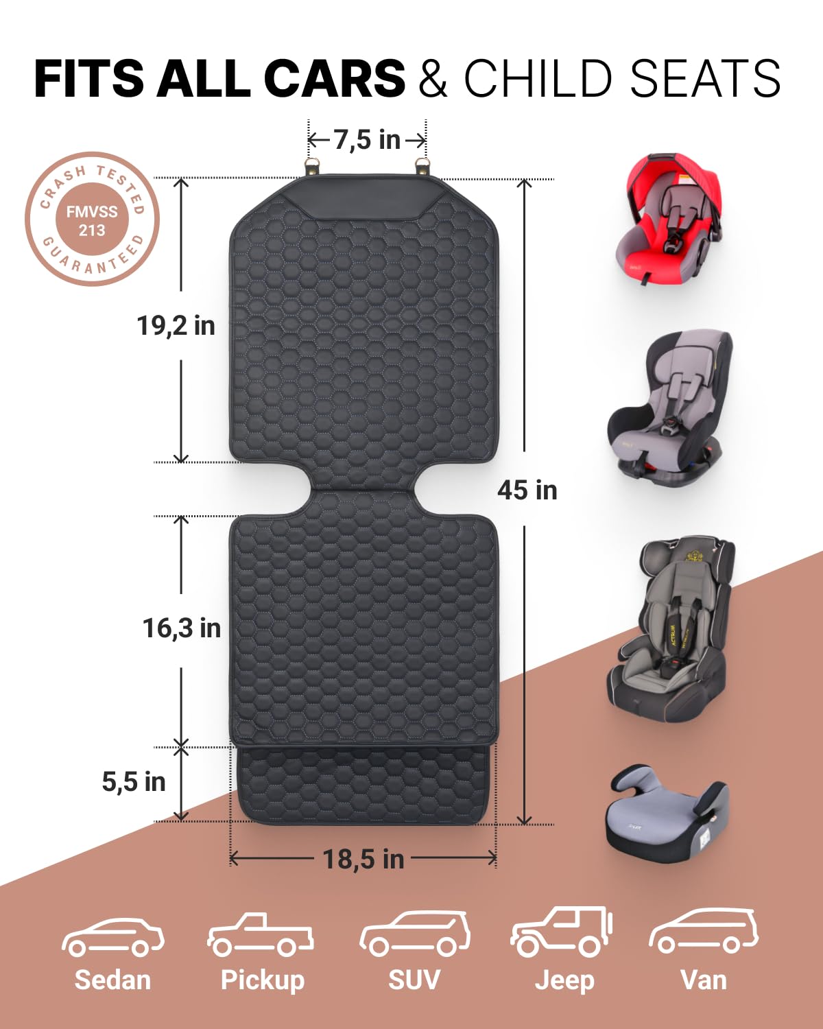 Black-Brown Backless Booster Seat with Latch, Leather Seat Protector & Kick Mat Set F3836