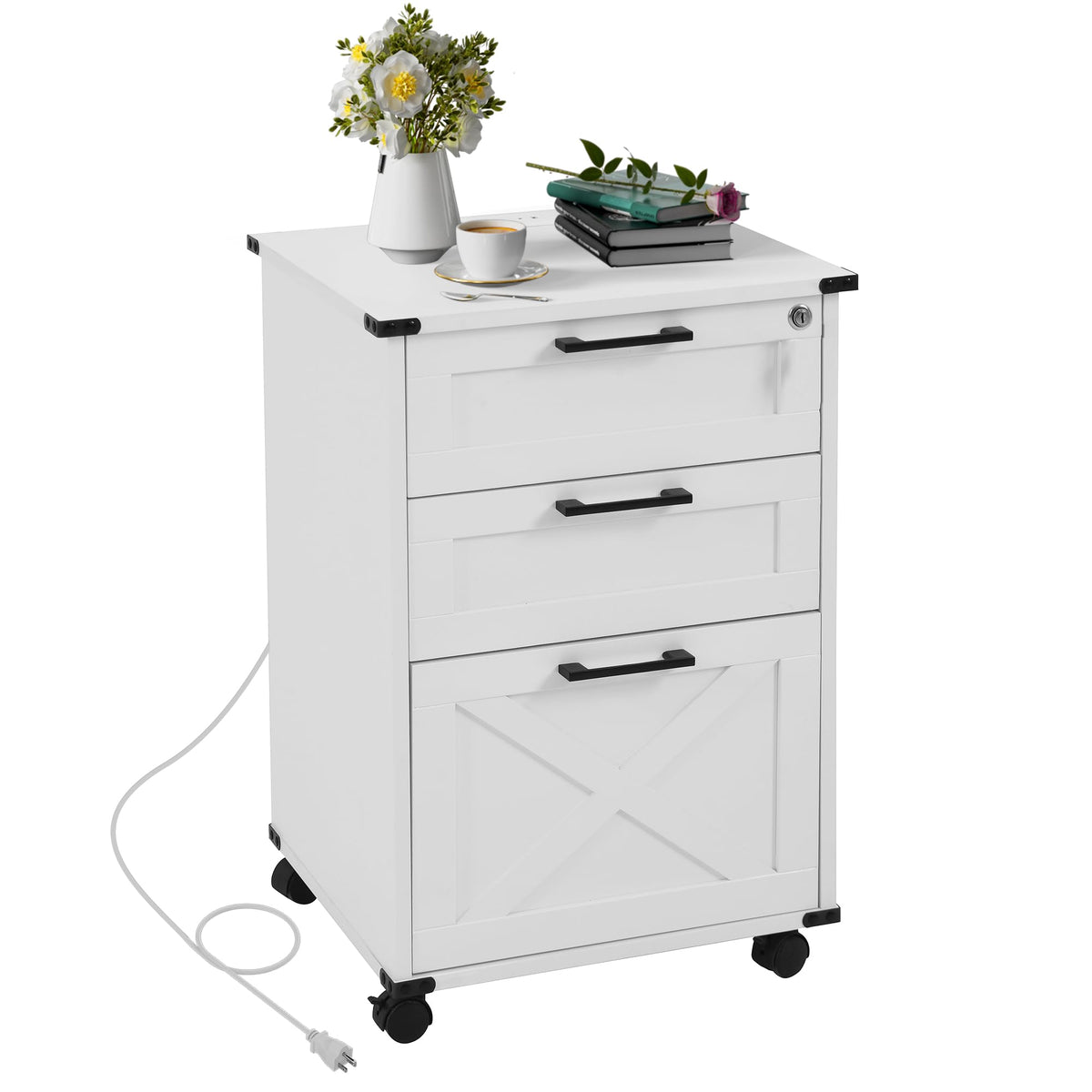 Small Wood File Cabinet with Charging Station and Lock, 3 Drawers L678