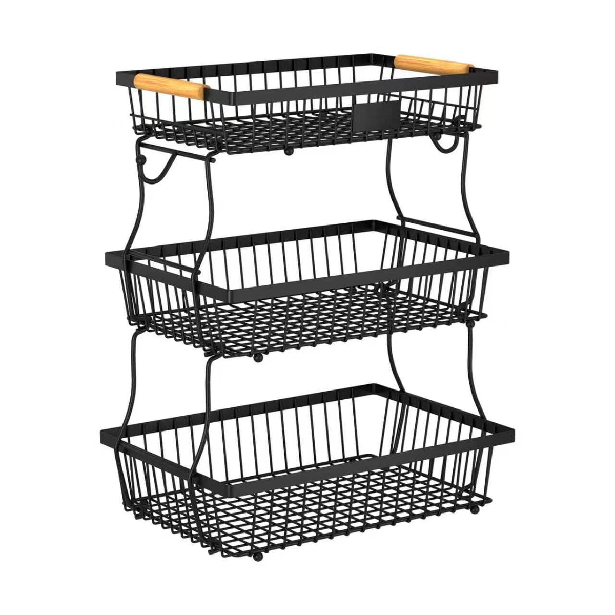 Black 3 Tier Metal Fruit Basket with Wooden Handle K584