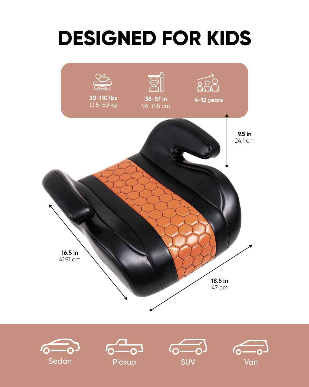 Black-Brown Backless Booster Seat with Latch, Leather Seat Protector & Kick Mat Set F3836