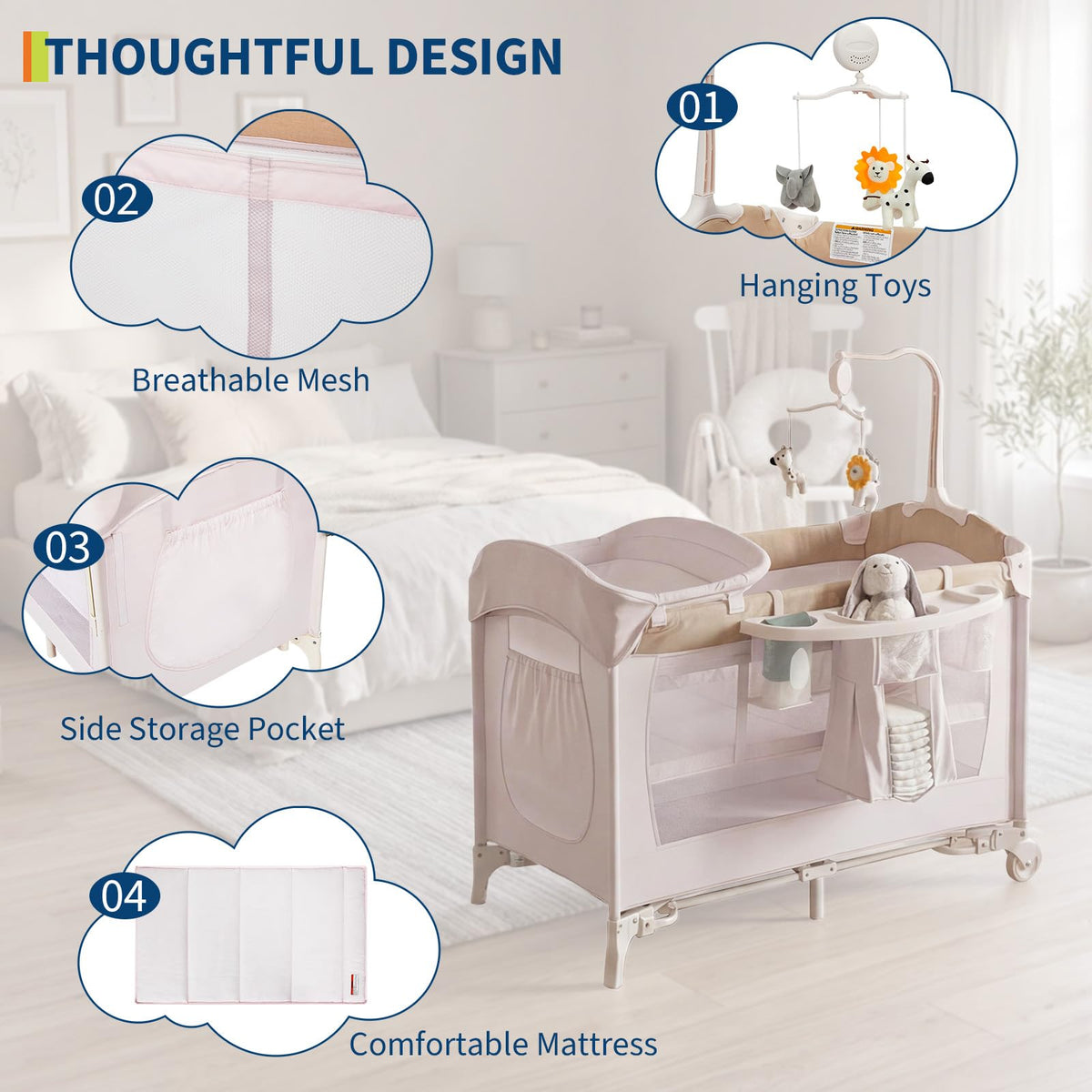 4 in 1 Pack and Play with Bassinet, Changing Table, Playpen and Carry Bag Q307