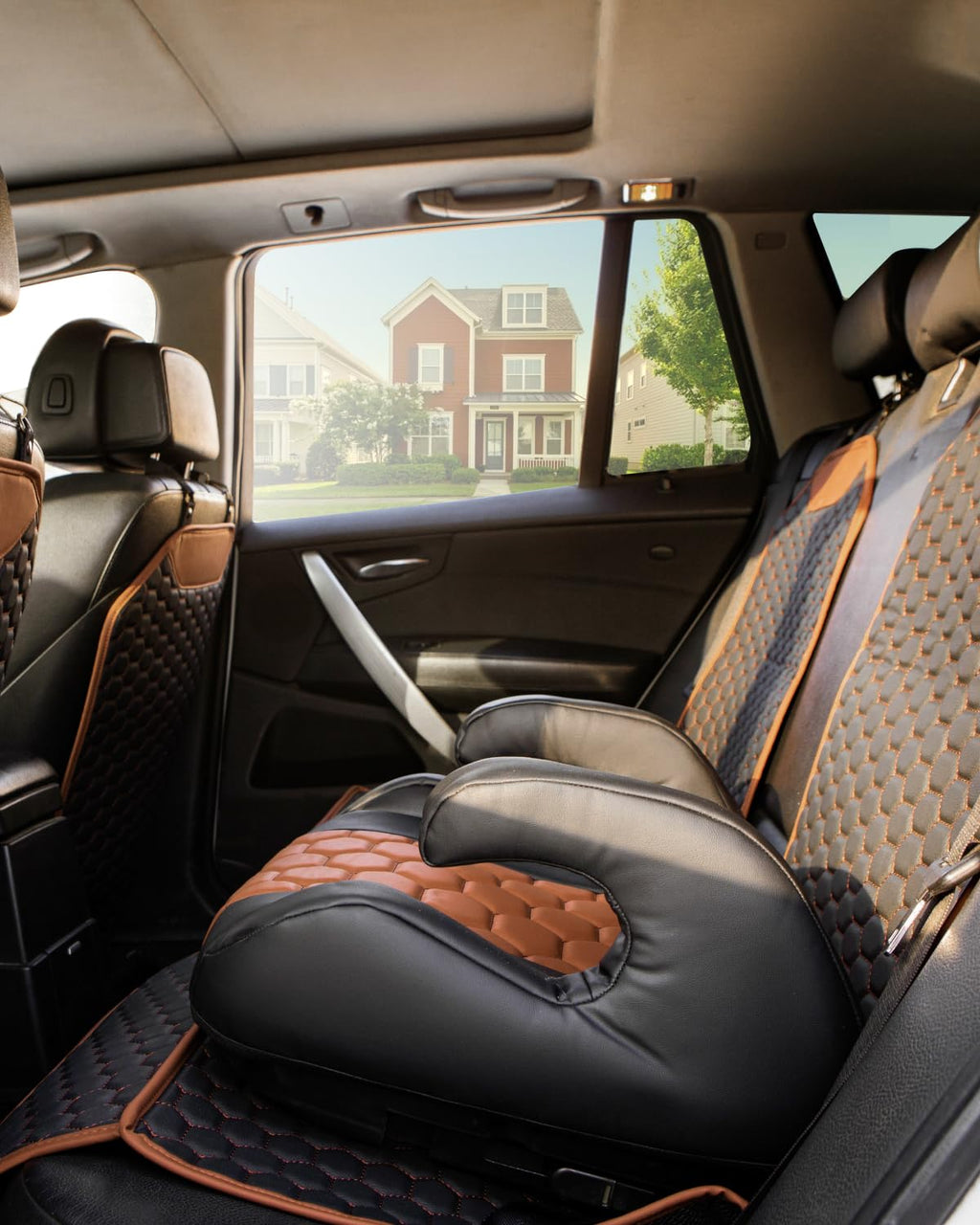 Black-Brown Backless Booster Seat with Latch, Leather Seat Protector & Kick Mat Set F3836