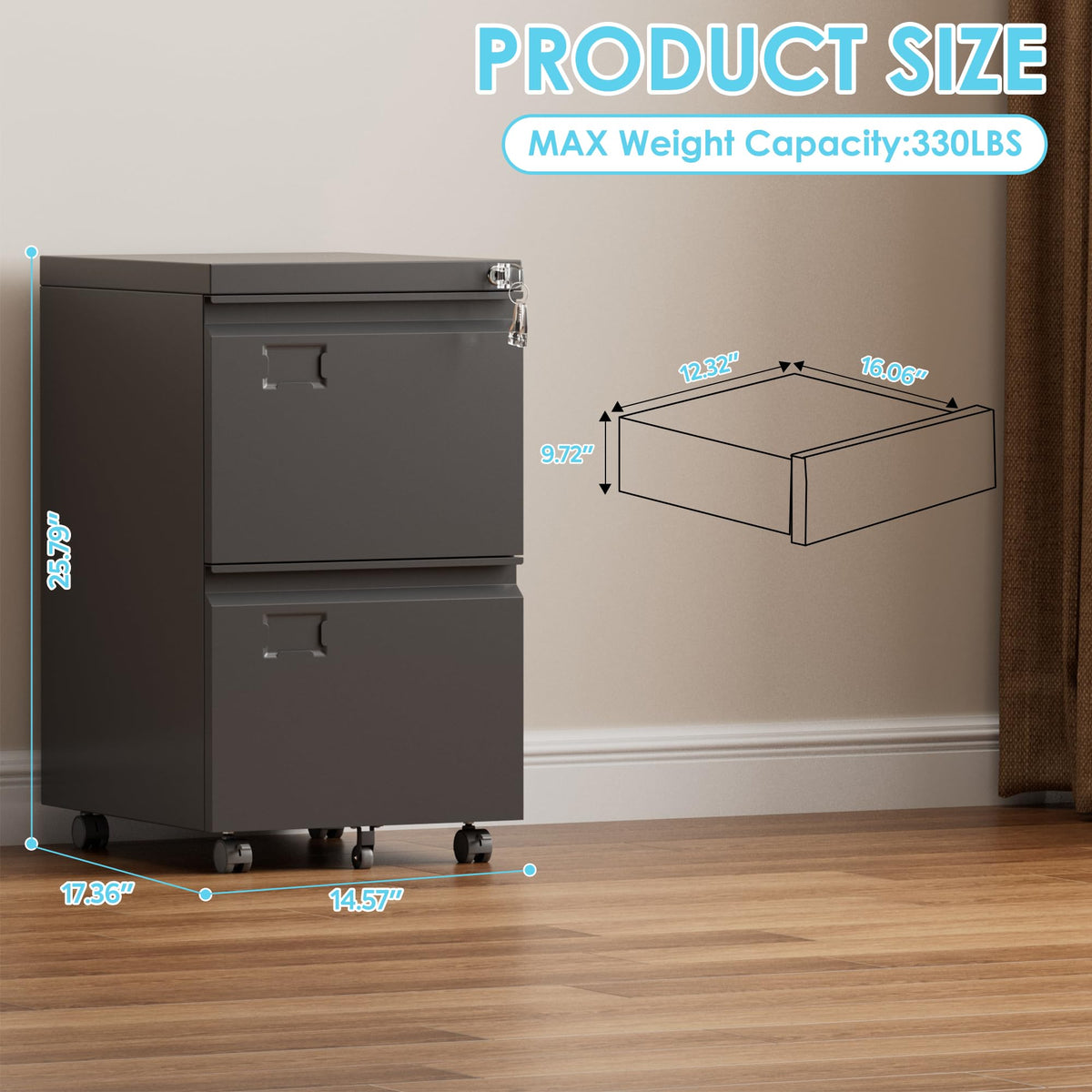 2 Drawer Black Metal File Cabinet with Lock X742878