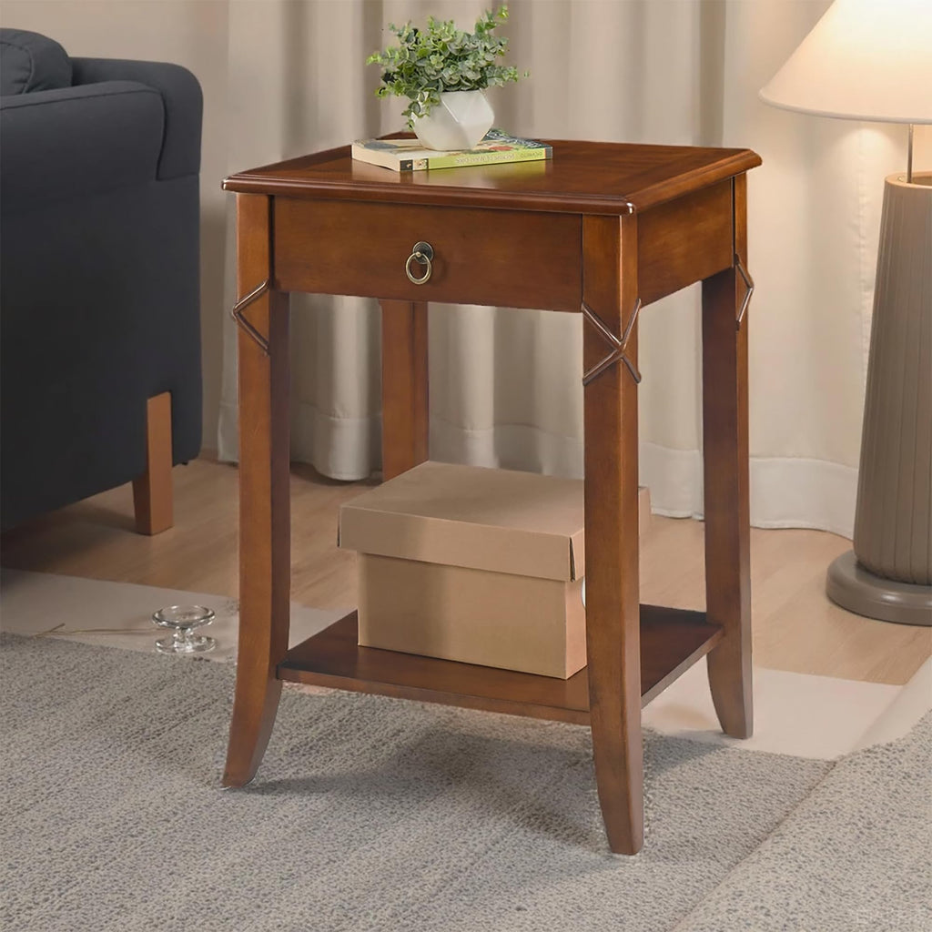 Small Solid Wood Side End Table with Drawer and Storage Shelf B350