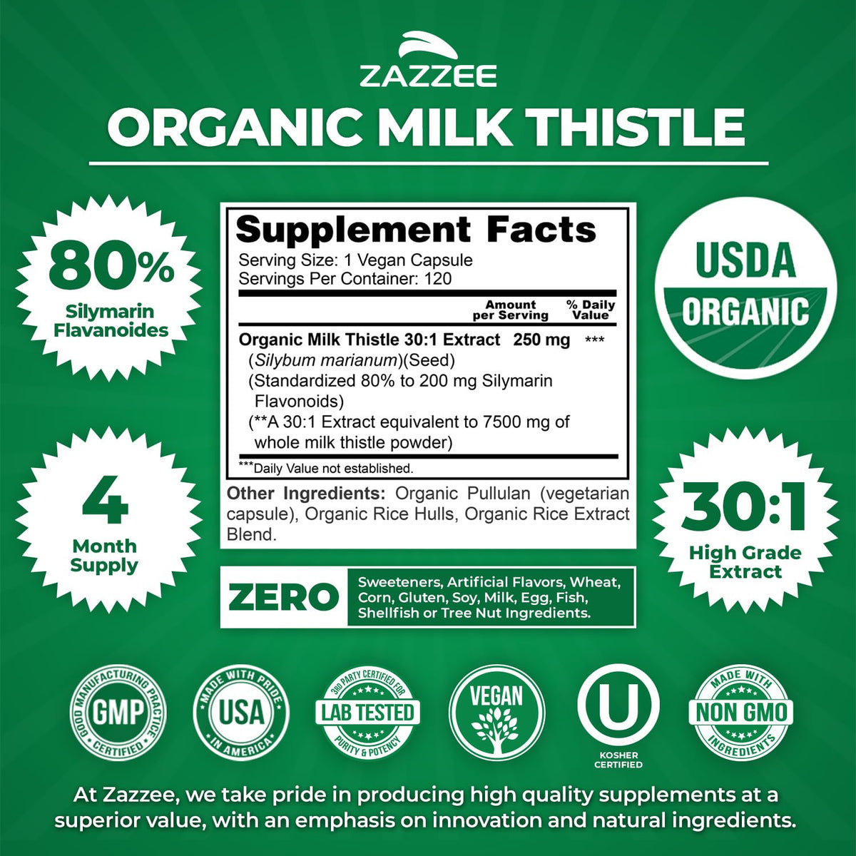 Organic Milk Thistle 30:1 Extract 120 Capsules Q4212
