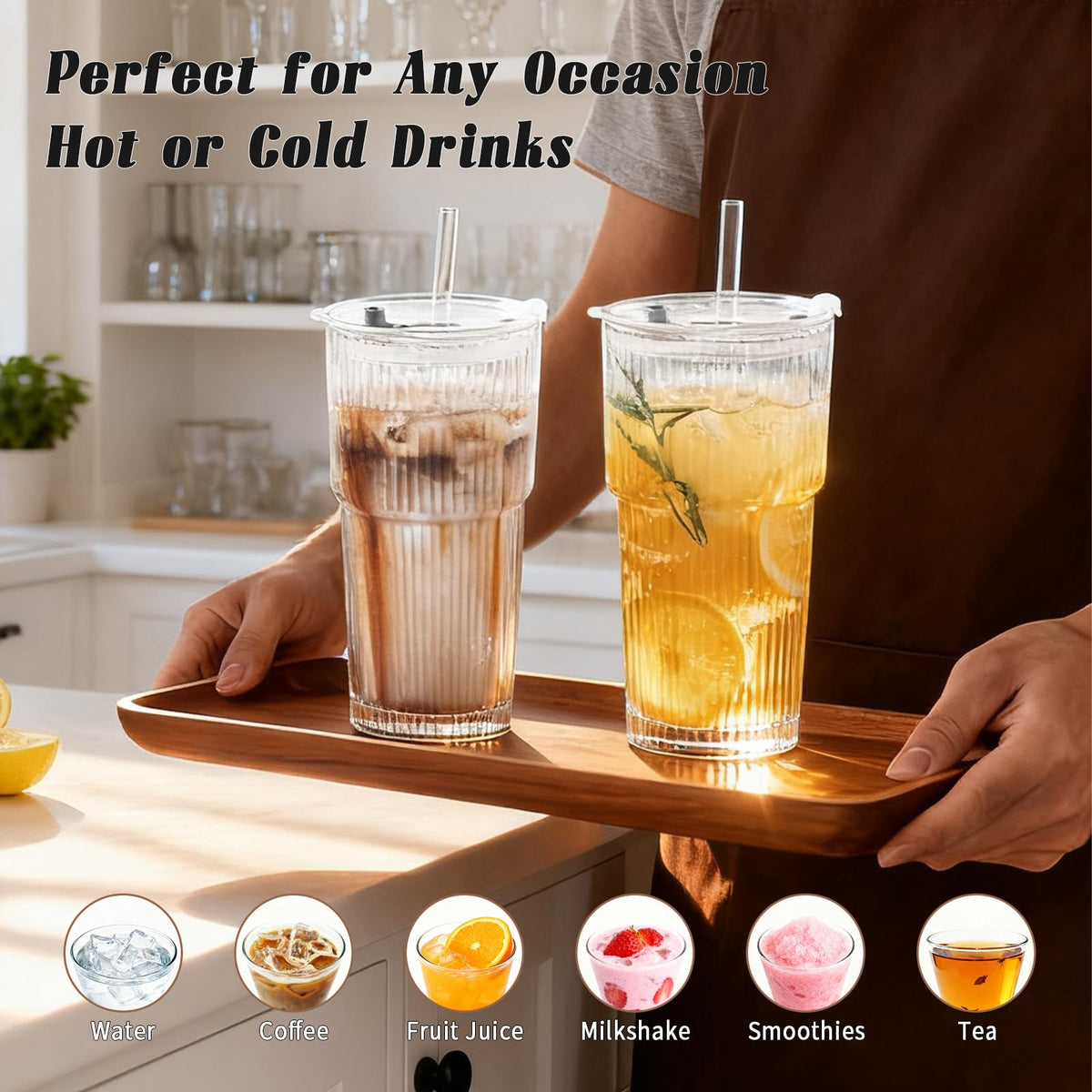 20oz Ribbed Glass Tumbler Set with Lids and Straws, 2 Pack R391