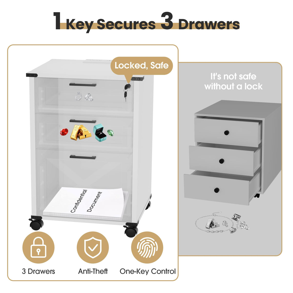 Small Wood File Cabinet with Charging Station and Lock, 3 Drawers L678