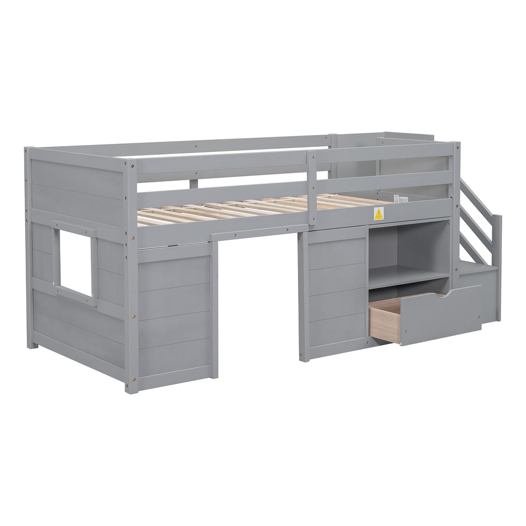 Twin Size Wood Loft Bed with Storage V6335