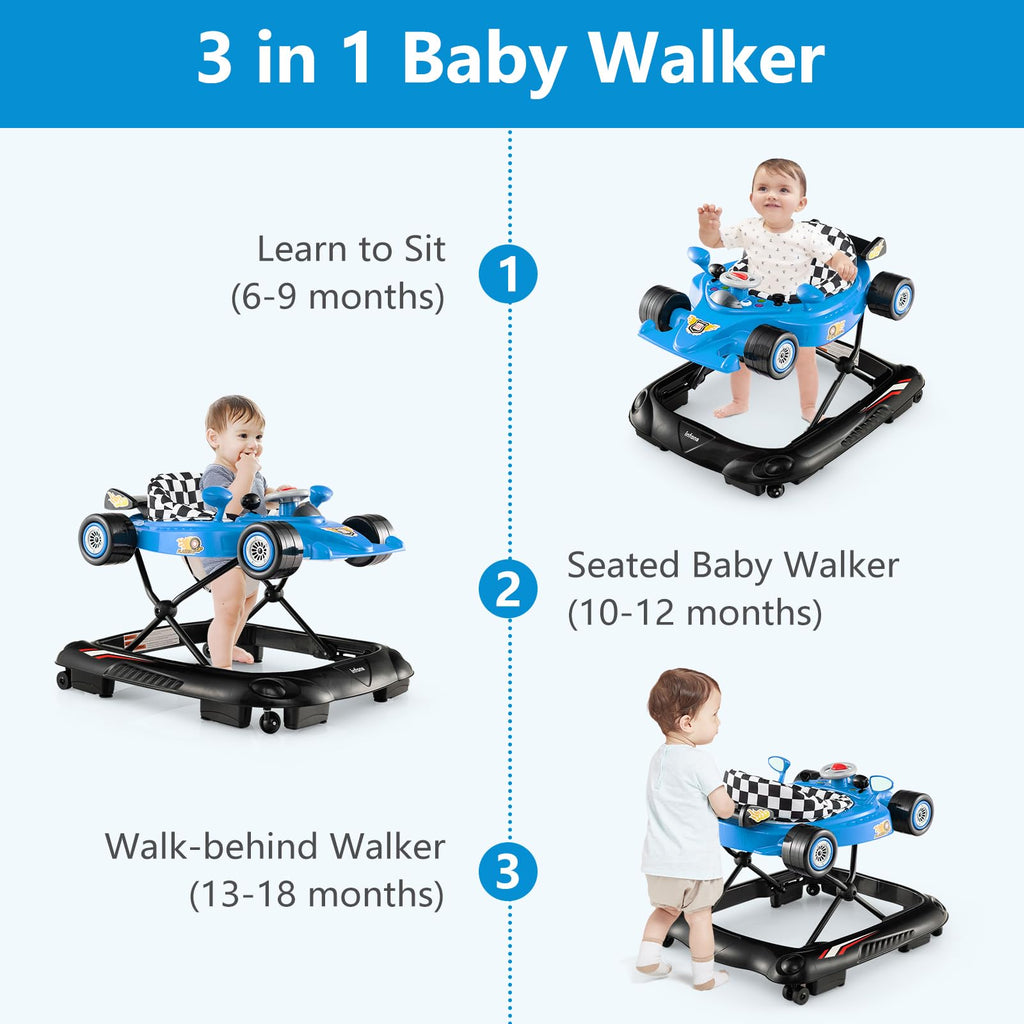 Foldable Baby Walker 3 in 1 Adjustable Height with Lights Music Blue U70324
