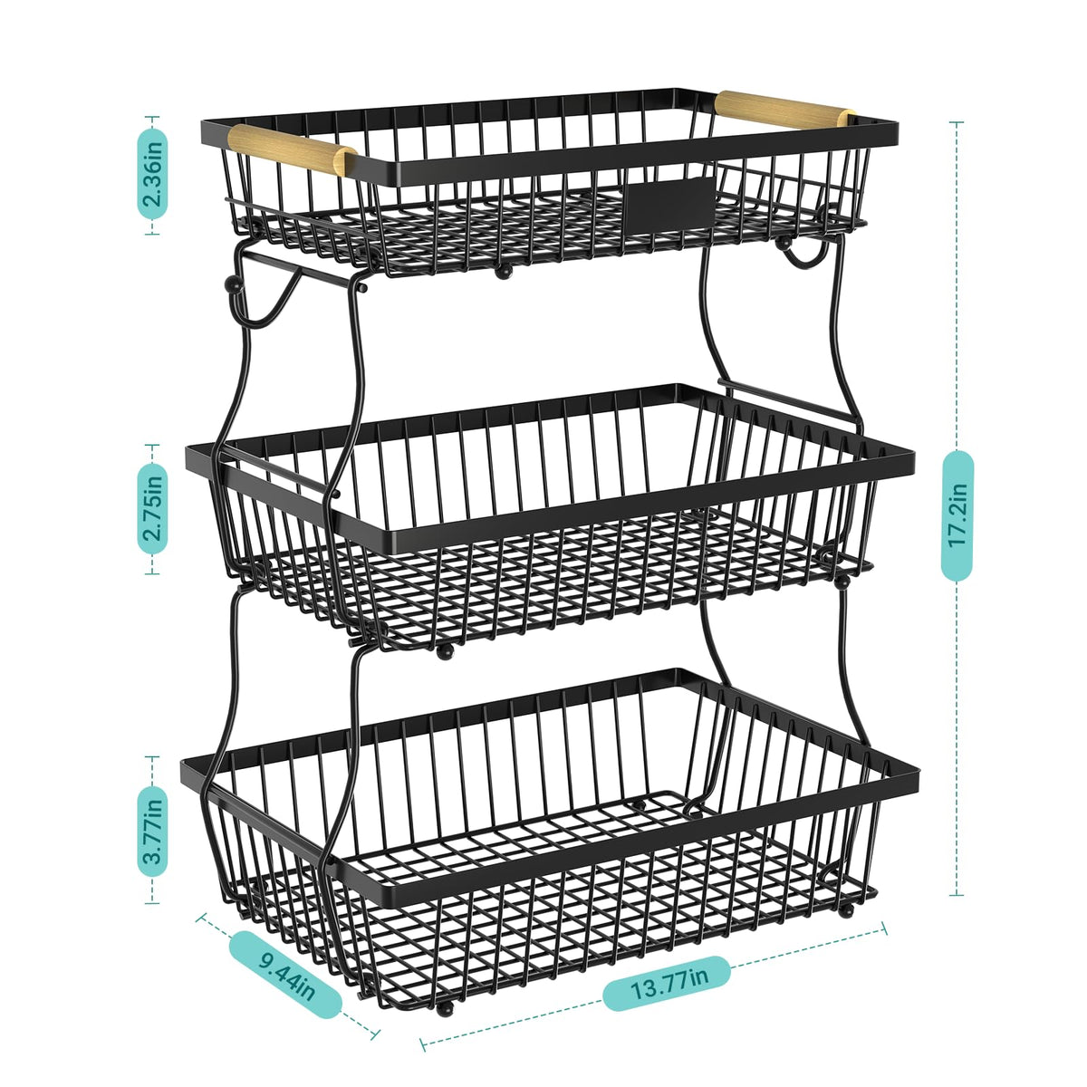Black 3 Tier Metal Fruit Basket with Wooden Handle K584