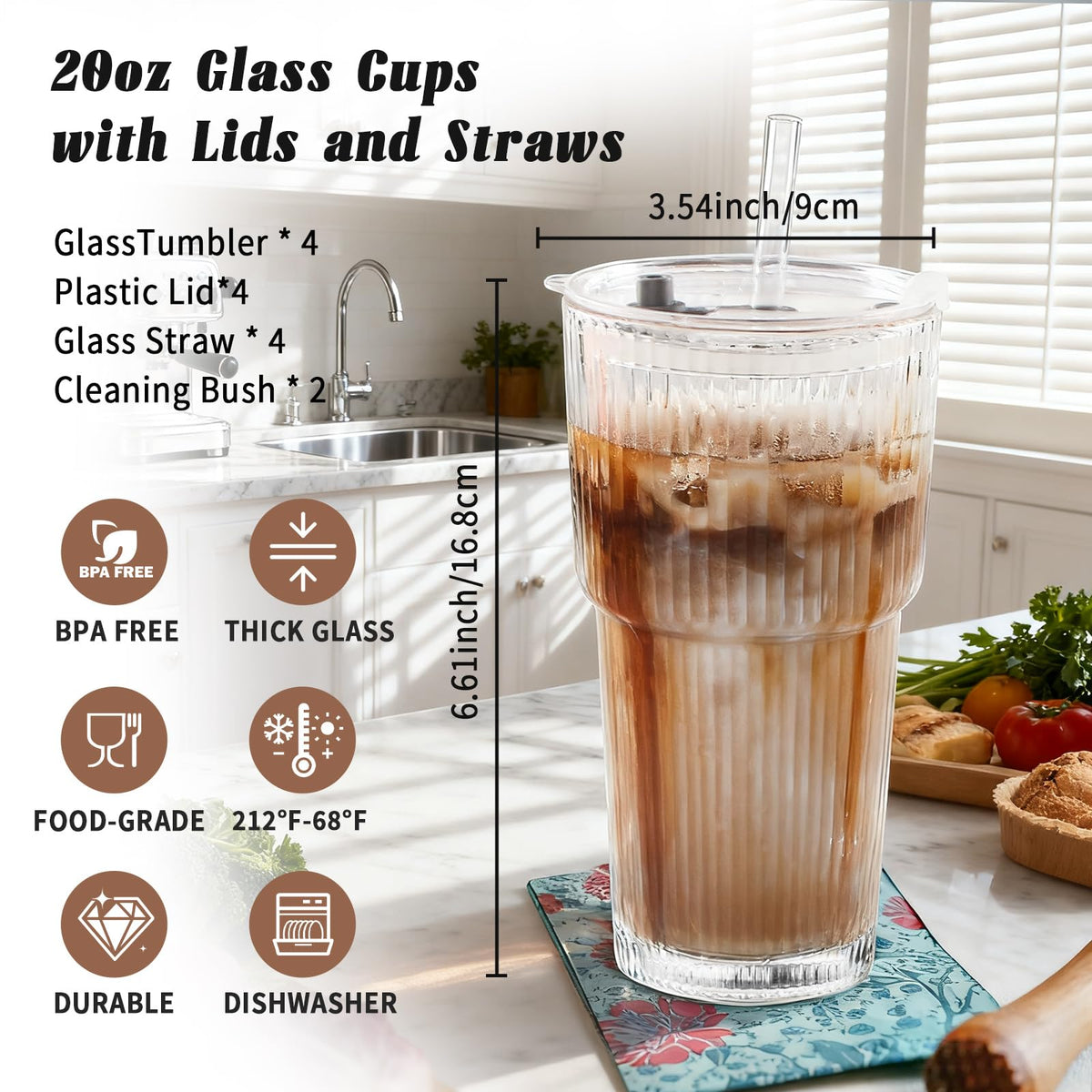 20oz Ribbed Glass Tumbler Set with Lids and Straws, 2 Pack R391