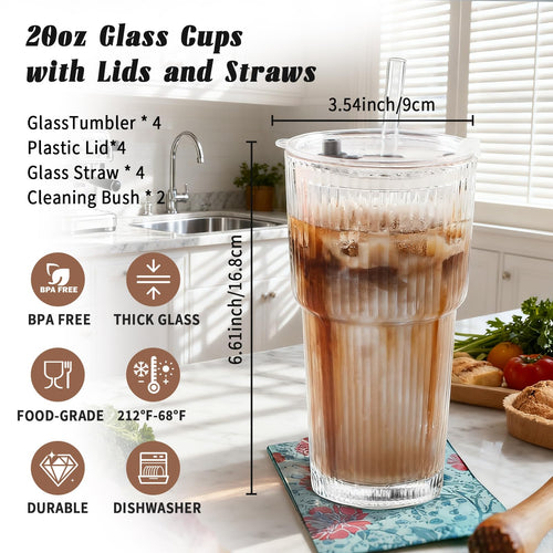 20oz Ribbed Glass Tumbler Set with Lids and Straws, 2 Pack R391