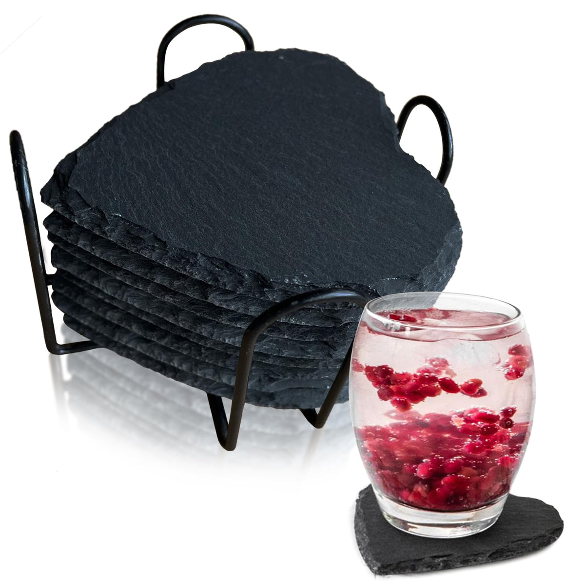 8 Pack Black Slate Coasters with Metal Holder R55550