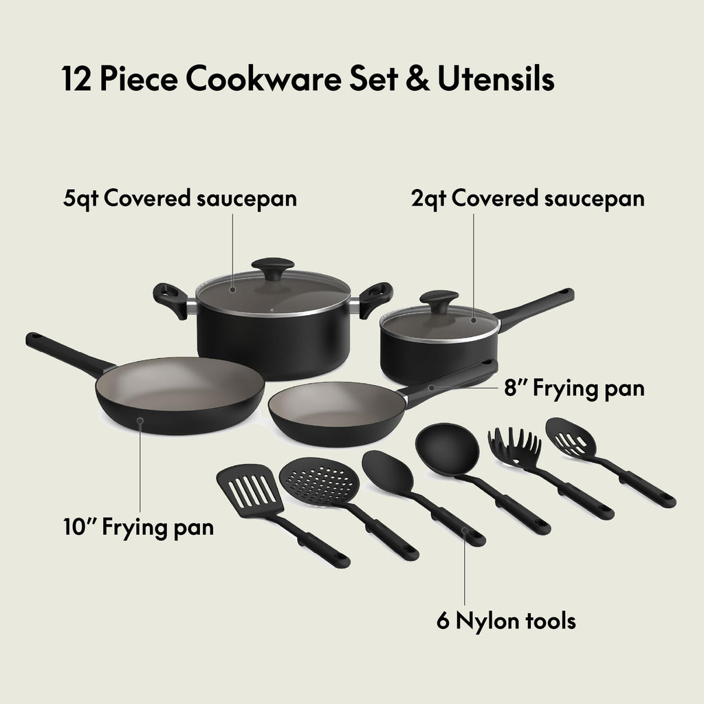 12 Piece Ceramic Nonstick Cookware Set Black I594