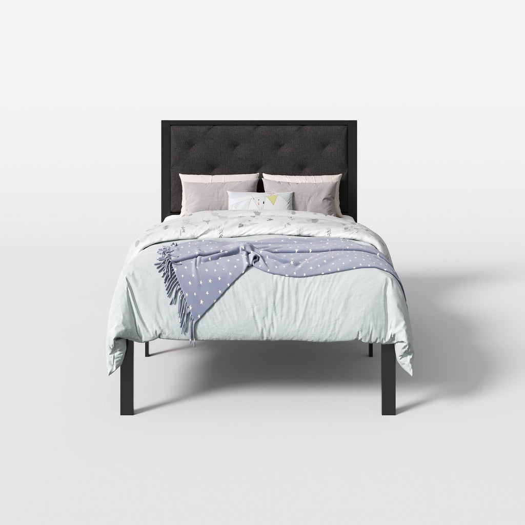 Twin Size Metal Bed Frame with Linen Tufted Headboard O5318