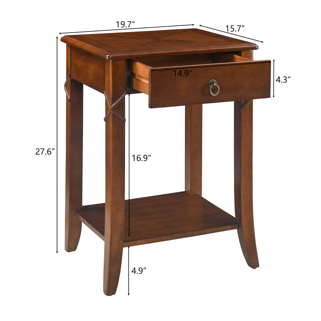 Small Solid Wood Side End Table with Drawer and Storage Shelf B350