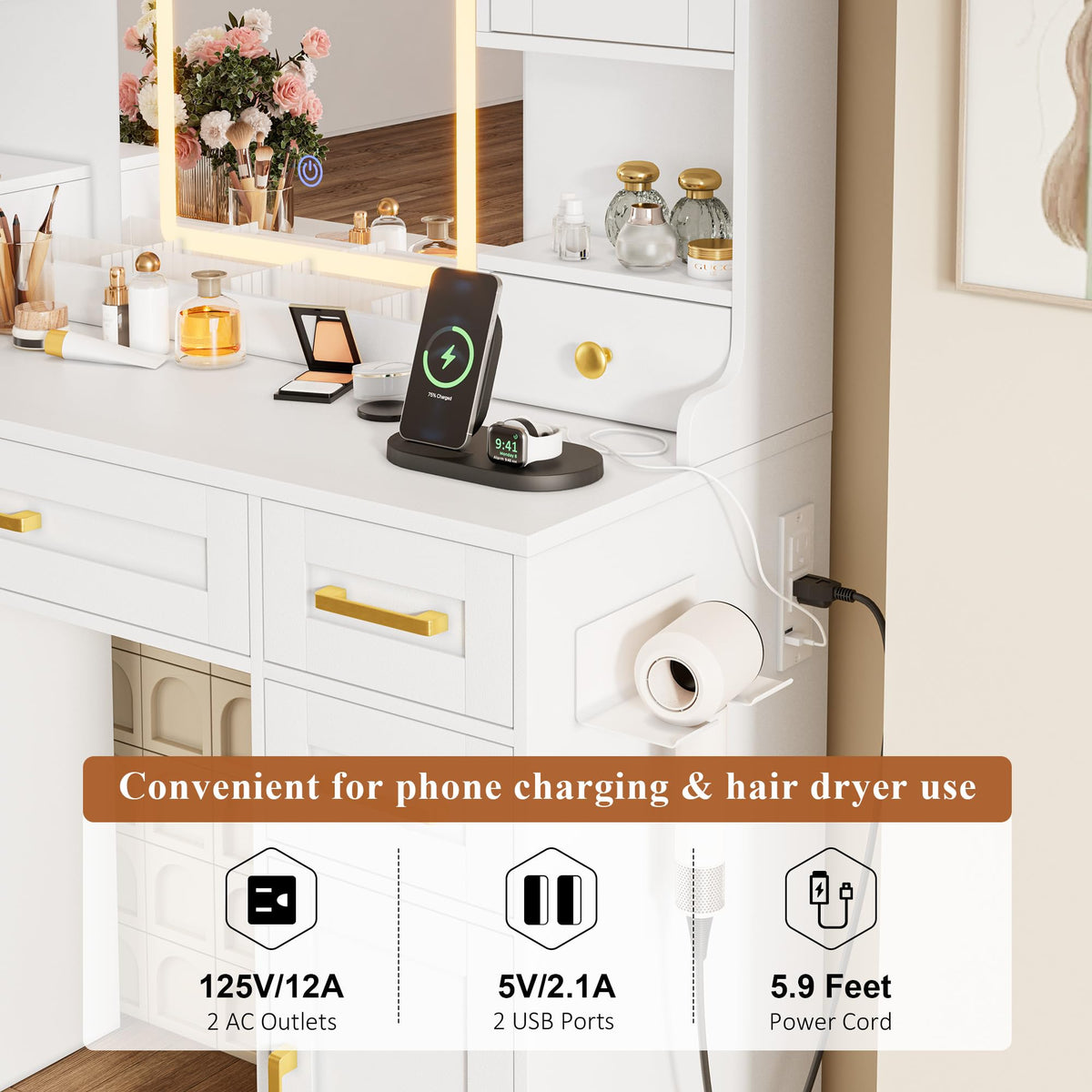 White Vanity Desk with Mirror, LED Lights and Power Outlet Q170