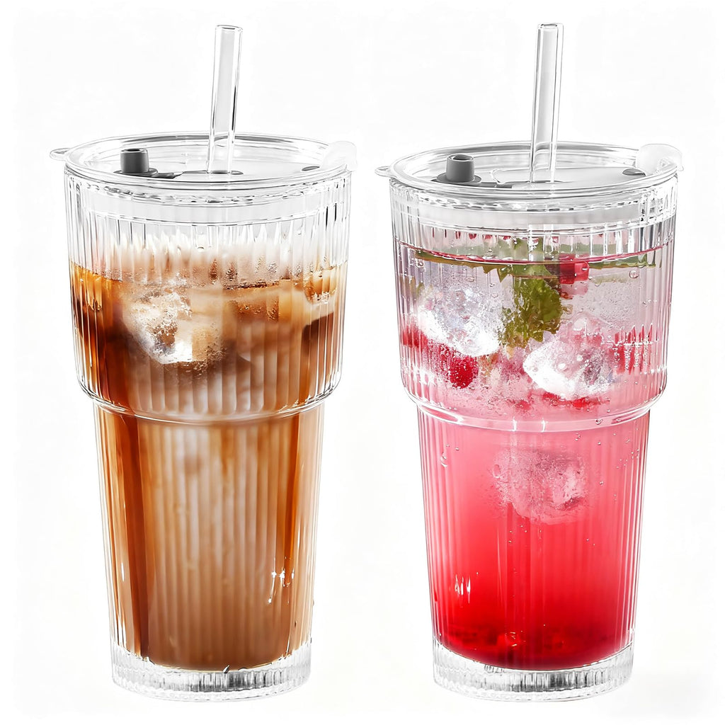 20oz Ribbed Glass Tumbler Set with Lids and Straws, 2 Pack R391