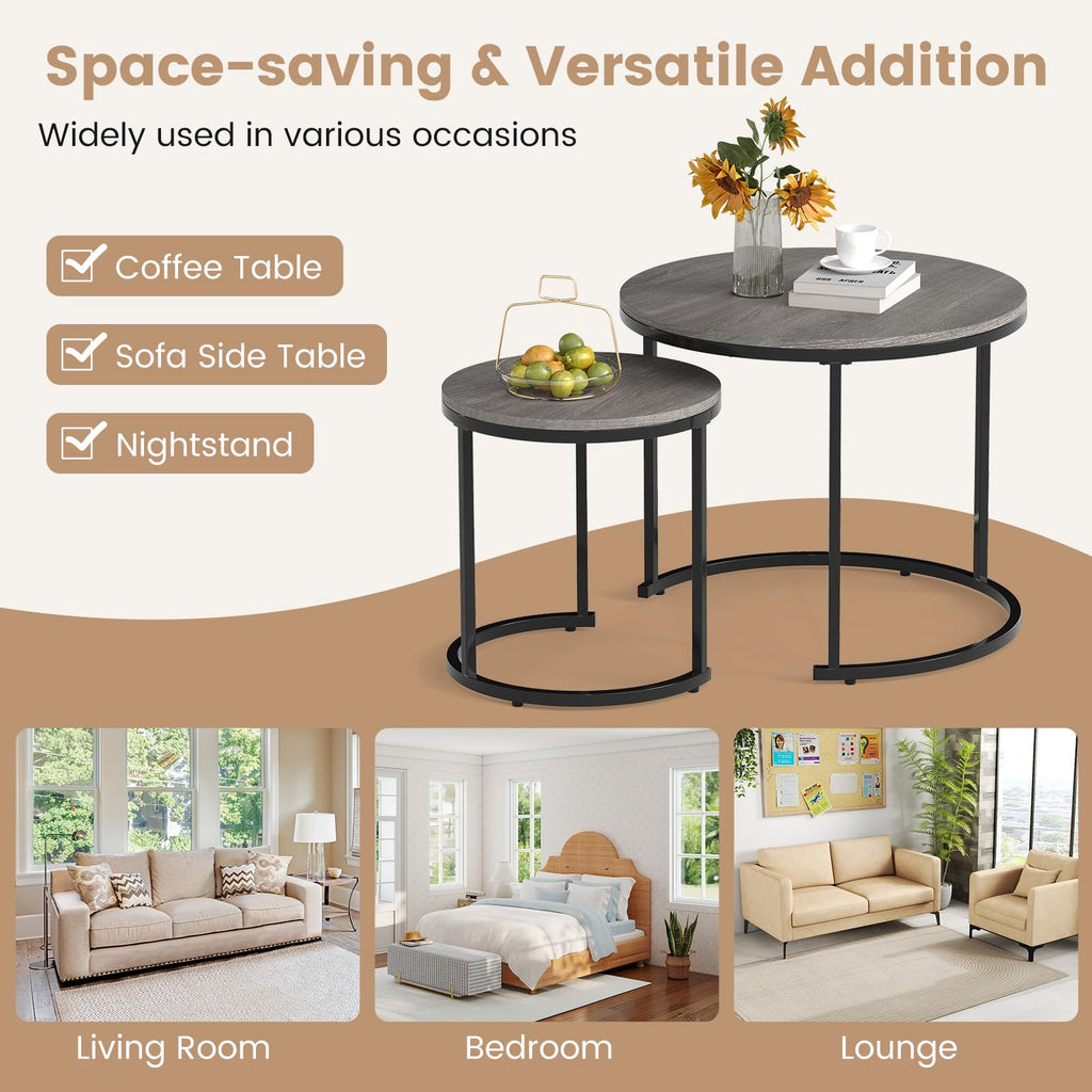 Round Nesting Coffee Table Set of 2 Grey Oak V268