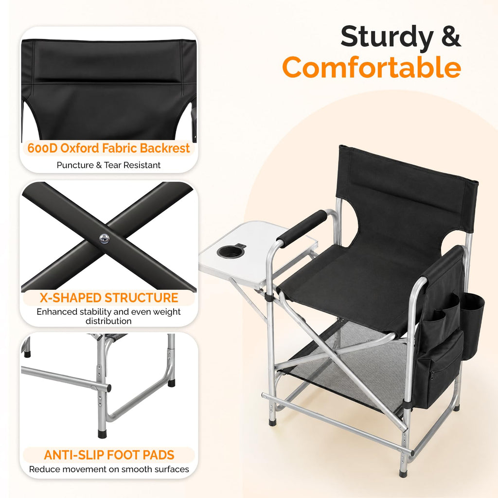Black Foldable Makeup Chair with Side Table & Footrest X244154