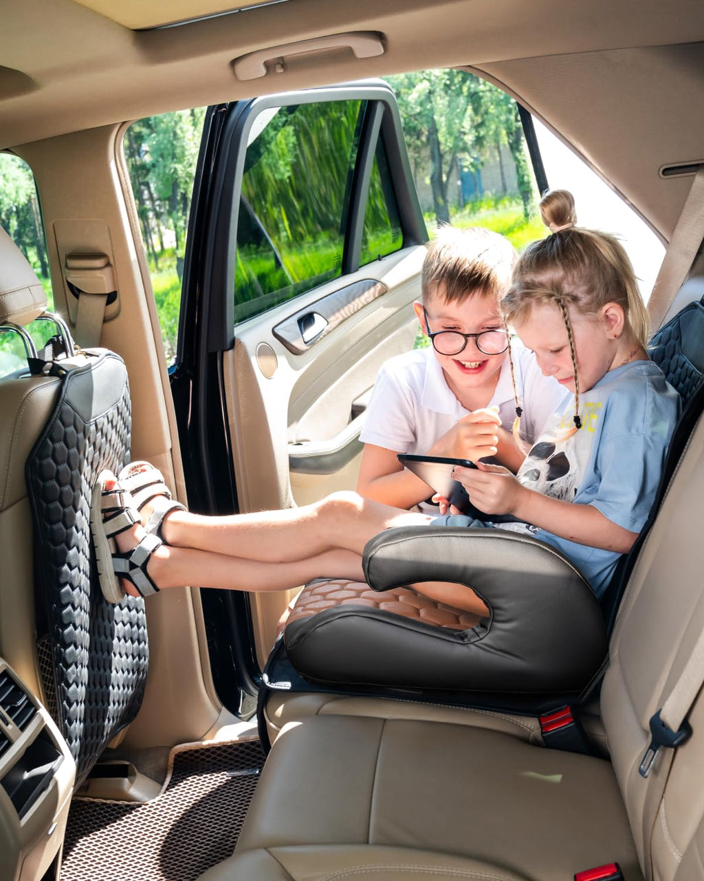 Black-Brown Backless Booster Seat with Latch, Leather Seat Protector & Kick Mat Set F3836