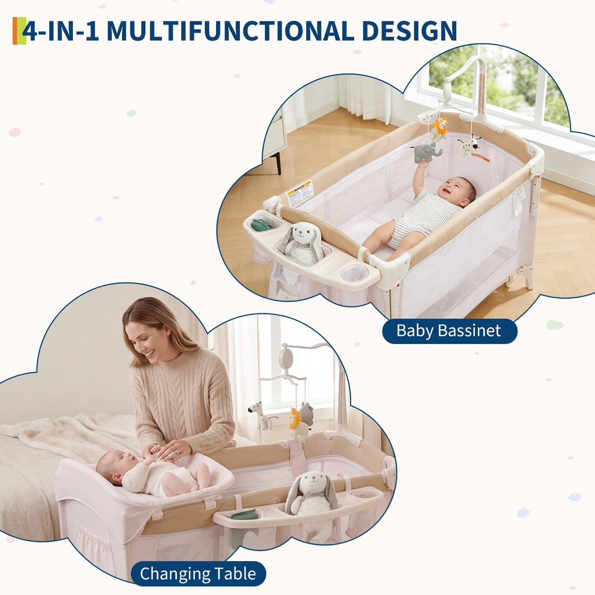 4 in 1 Pack and Play with Bassinet, Changing Table, Playpen and Carry Bag Q307
