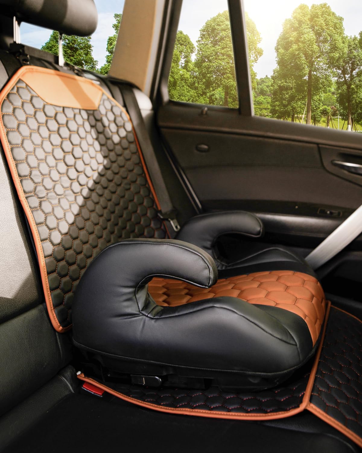 Black-Brown Backless Booster Seat with Latch, Leather Seat Protector & Kick Mat Set F3836