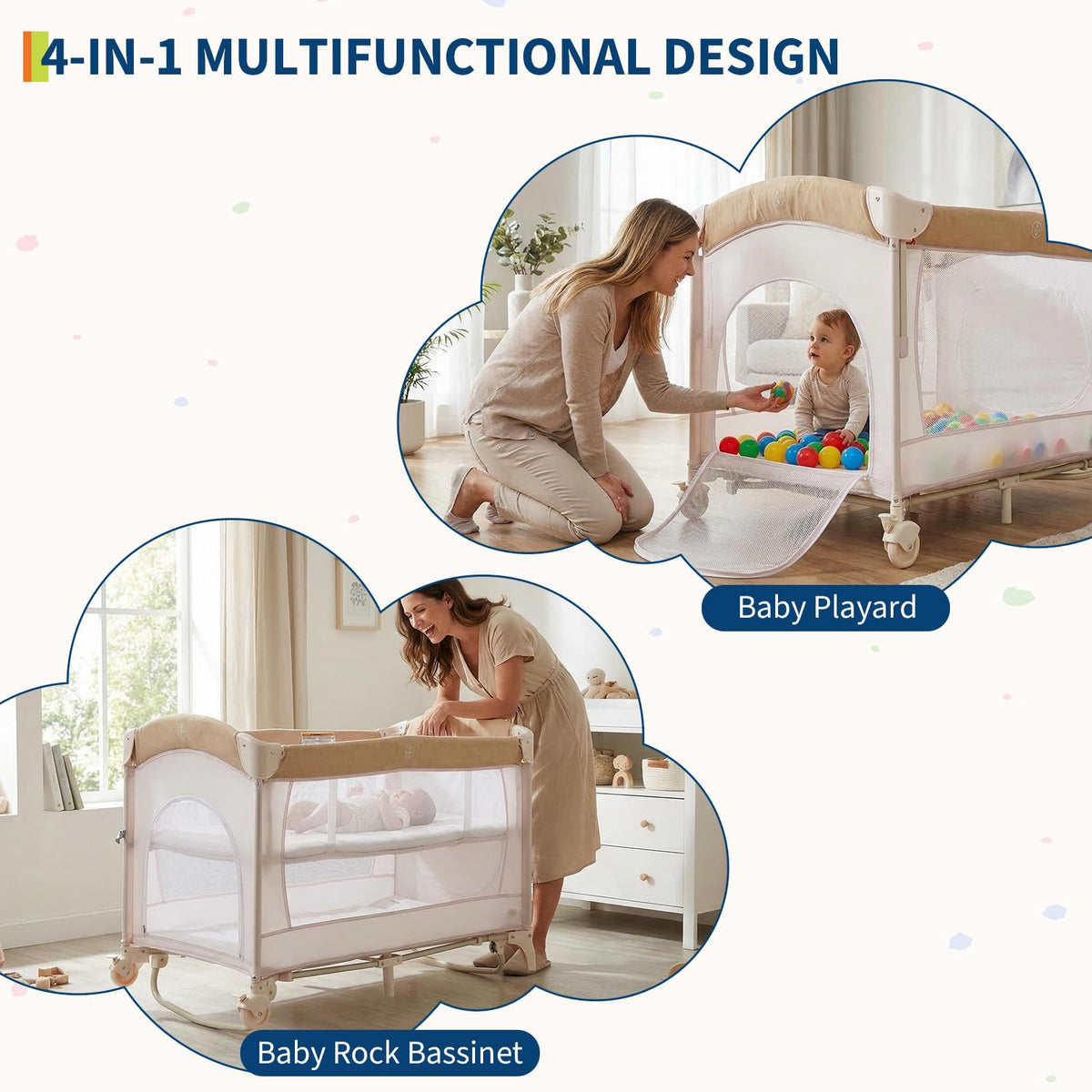 4 in 1 Pack and Play with Bassinet, Changing Table, Playpen and Carry Bag Q307