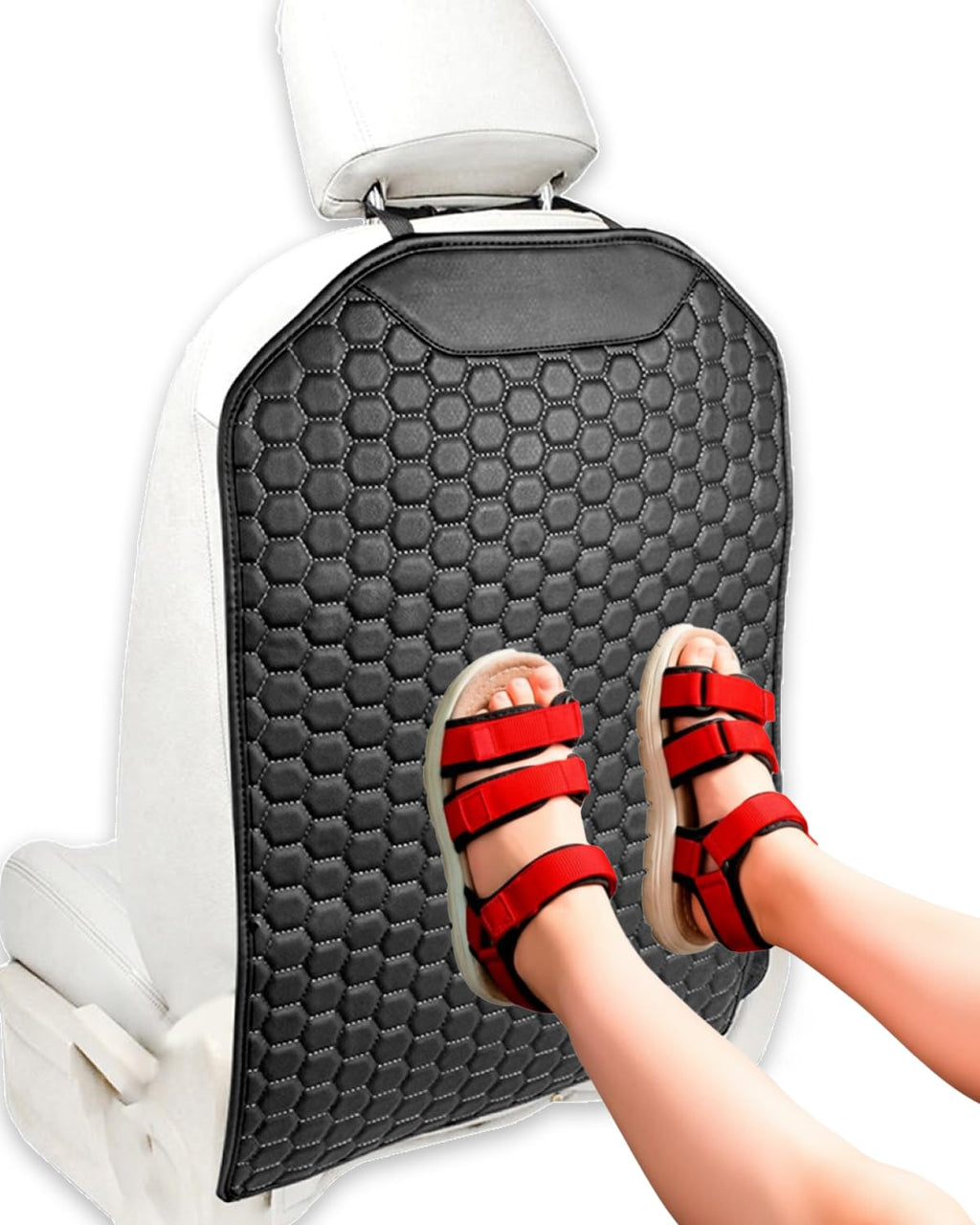 Black-Brown Backless Booster Seat with Latch, Leather Seat Protector & Kick Mat Set F3836
