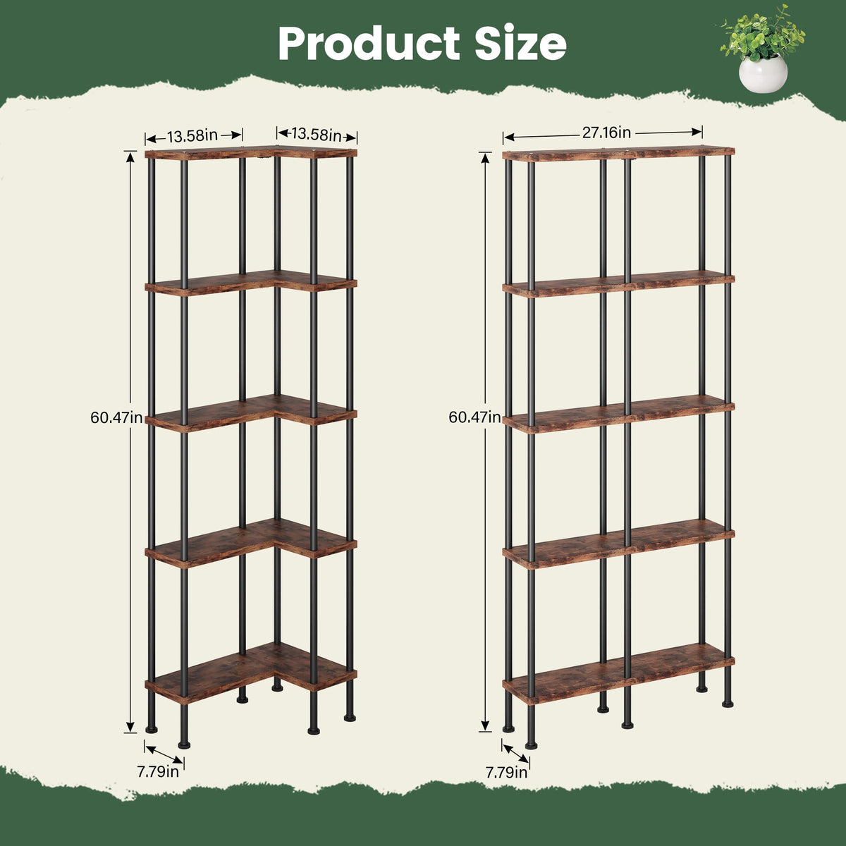 L-Shaped 5-Tier Rustic Brown Bookshelf A872