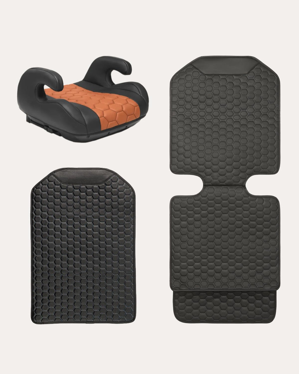 Black-Brown Backless Booster Seat with Latch, Leather Seat Protector & Kick Mat Set F3836