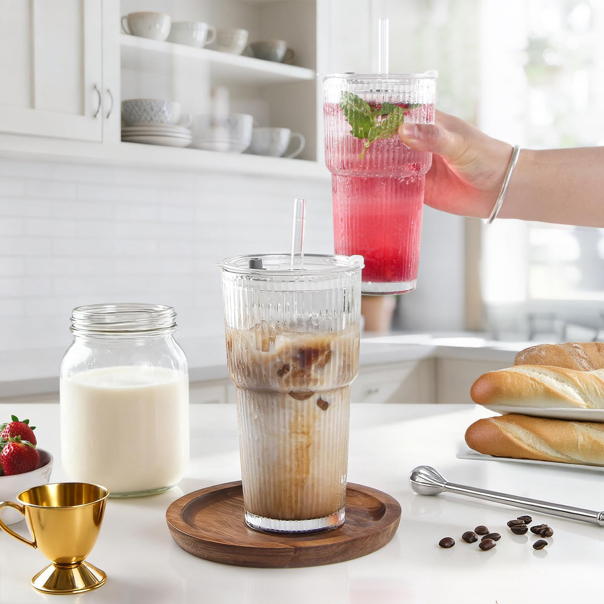 20oz Ribbed Glass Tumbler Set with Lids and Straws, 2 Pack R391
