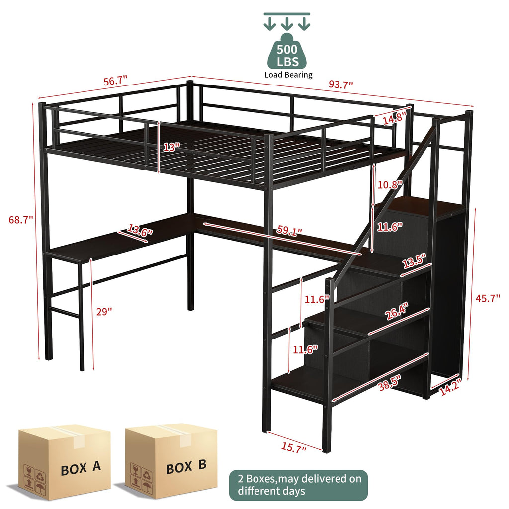 Full Size Metal Loft Bed with Desk & Storage Staircase J7019