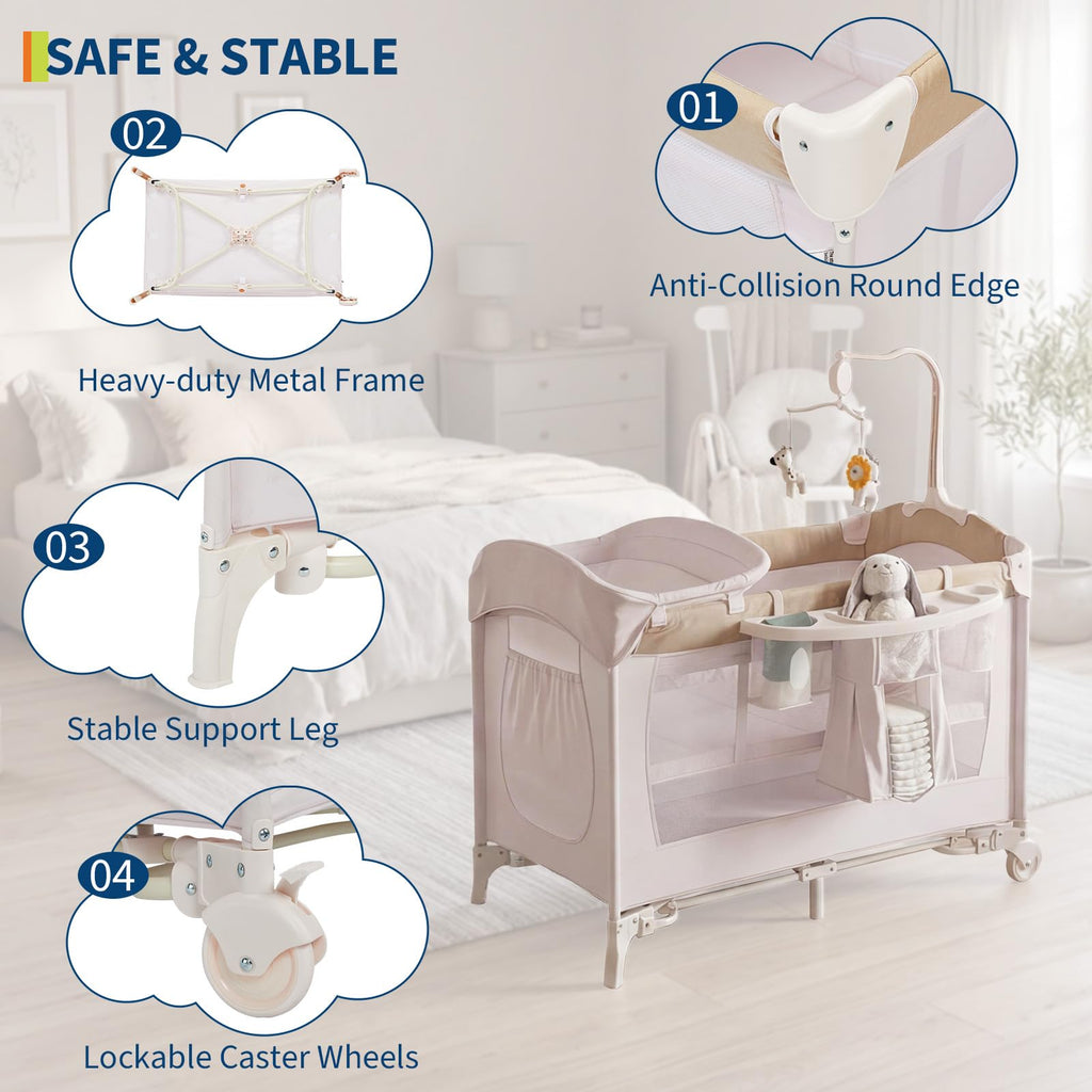 4 in 1 Pack and Play with Bassinet, Changing Table, Playpen and Carry Bag Q307