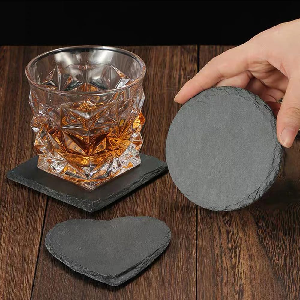 8 Pack Black Slate Coasters with Metal Holder R55550
