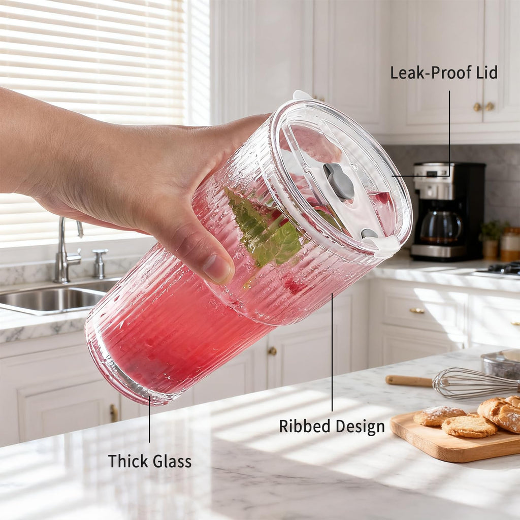 20oz Ribbed Glass Tumbler Set with Lids and Straws, 2 Pack R391