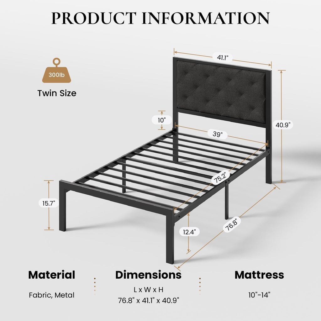 Twin Size Metal Bed Frame with Linen Tufted Headboard O5318