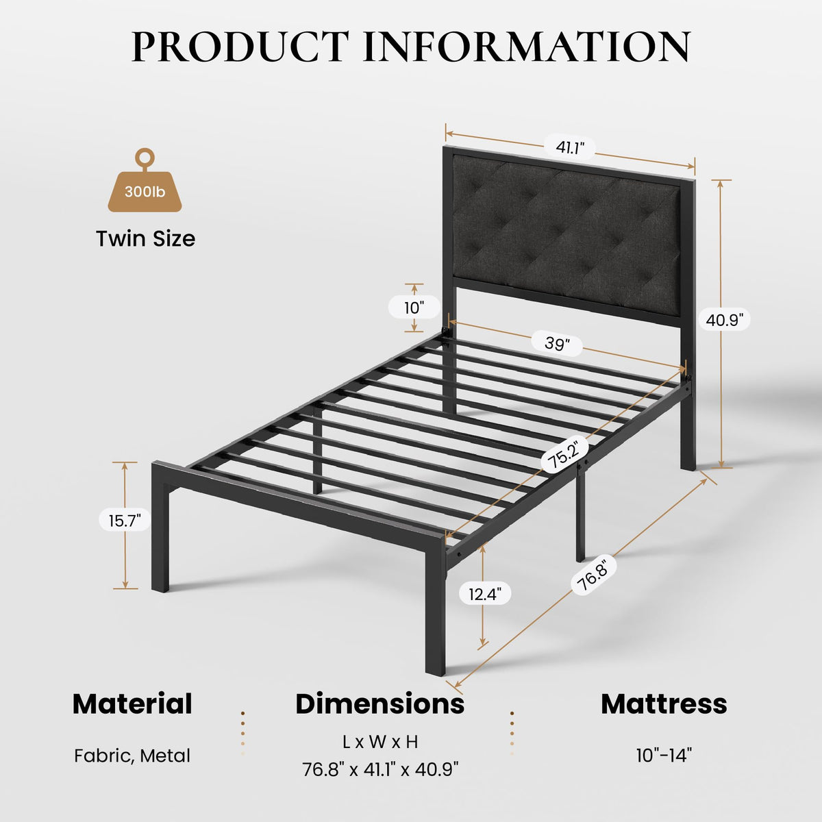 Twin Size Metal Bed Frame with Linen Tufted Headboard O5318