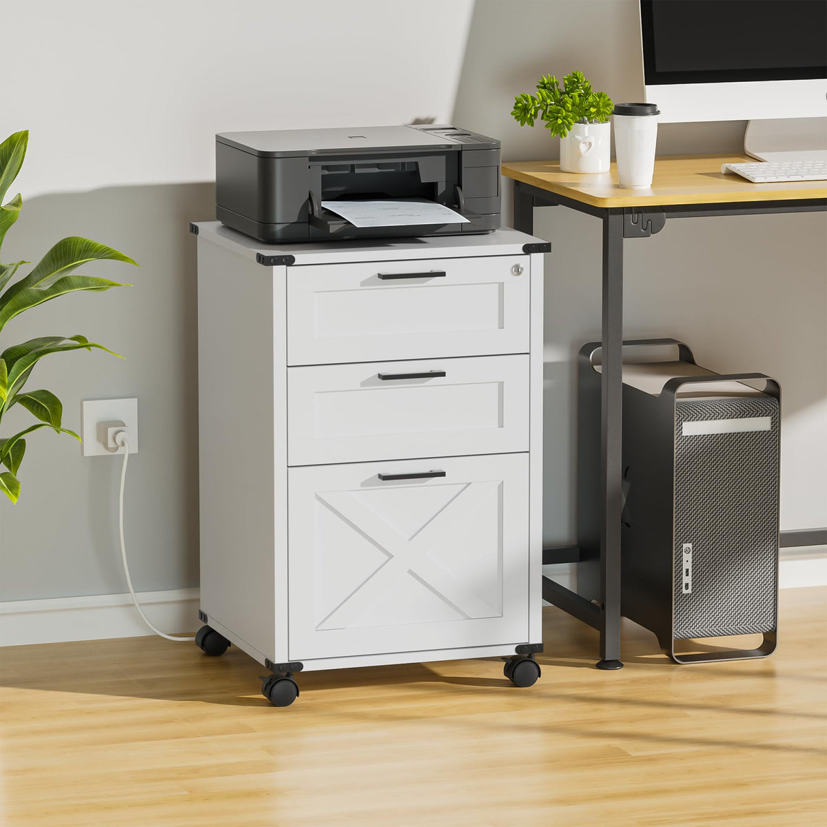 Small Wood File Cabinet with Charging Station and Lock, 3 Drawers L678