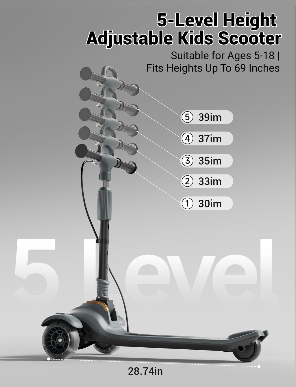 Kids Scooter with Dual Brakes, Music, Lights, Adjustable and Folding Y28447